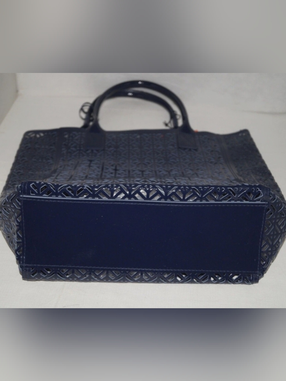Tory Burch Laser Cut Navy Blue Tote - Picture 5 of 9